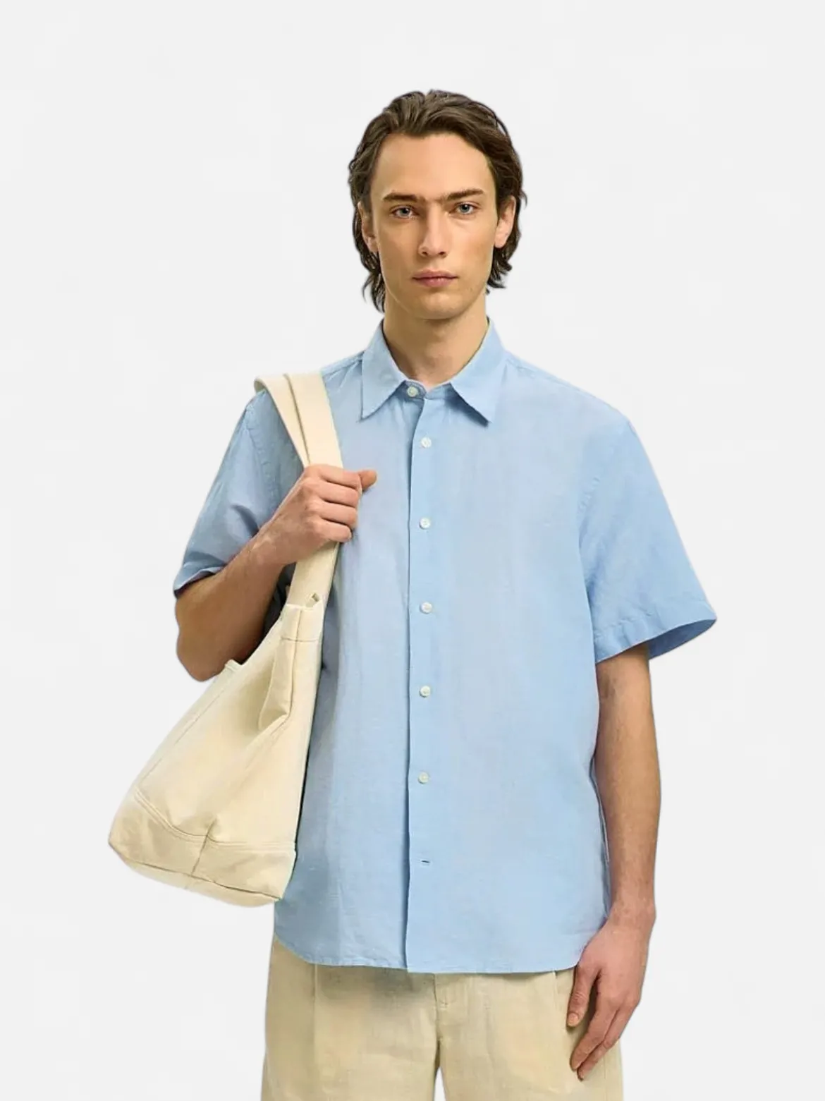 Selected miesten kauluspaita SlhRegClay Linenblend, Dusty Blue