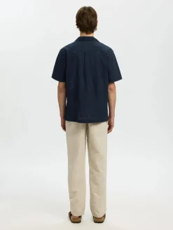 Selected miesten lyhythihainen kauluspaita Broderie SS Shirt, Sky Captain Paisley Embro