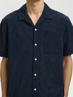 Selected miesten lyhythihainen kauluspaita Broderie SS Shirt, Sky Captain Paisley Embro