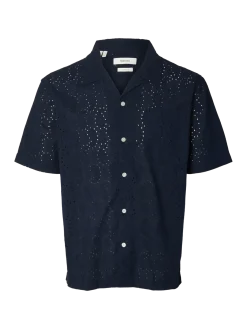Selected miesten lyhythihainen kauluspaita Broderie SS Shirt, Sky Captain Paisley Embro