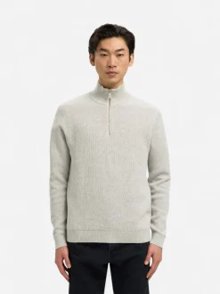 Selected miesten neulepusero K SLHDANE LS KNIT STRUCTURE HALF ZIP NOO, Light Grey Melange