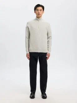 Selected miesten neulepusero K SLHDANE LS KNIT STRUCTURE HALF ZIP NOO, Light Grey Melange