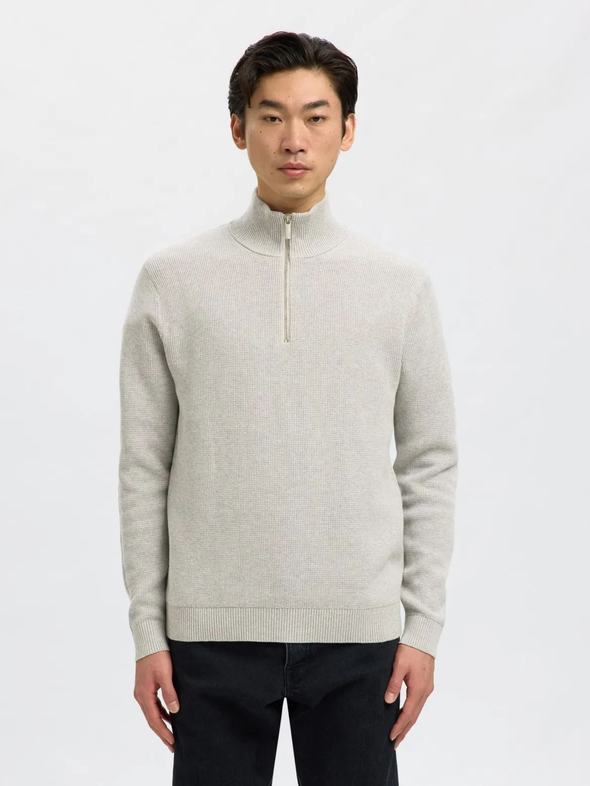 Selected miesten neulepusero K SLHDANE LS KNIT STRUCTURE HALF ZIP NOO, Light Grey Melange