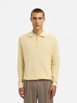 Selected miesten neulepusero SLHCRAN LS Knit Structure Half Zip Polo, Angora