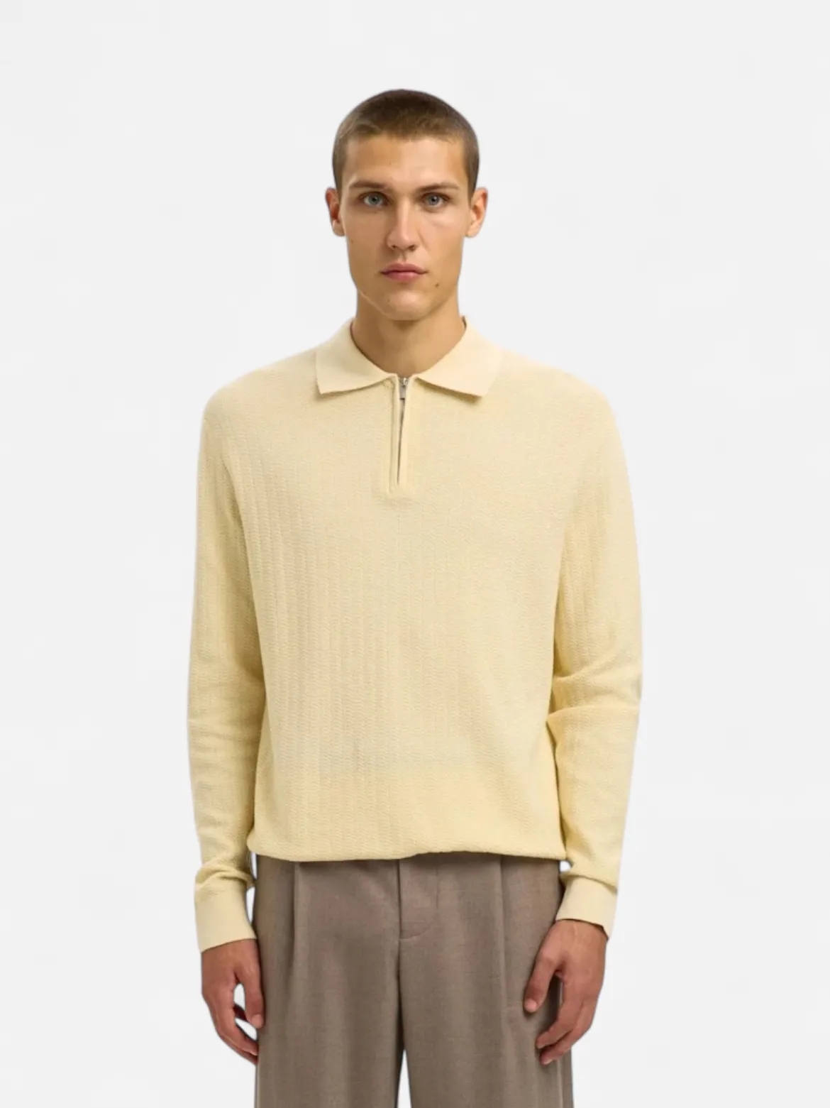 Selected miesten neulepusero SLHCRAN LS Knit Structure Half Zip Polo, Angora