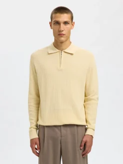 Selected miesten neulepusero SLHCRAN LS Knit Structure Half Zip Polo, Angora