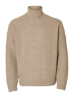 Selected miesten neulepusero, SLHNEIL LS KNIT RELAXED CABLE ROLL NECK Oatmeal Neps