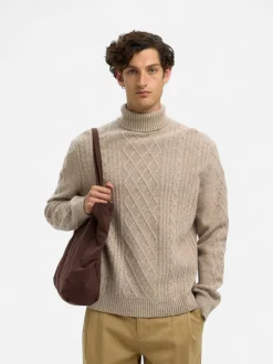Selected miesten neulepusero, SLHNEIL LS KNIT RELAXED CABLE ROLL NECK Oatmeal Neps