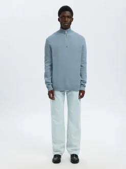 Selected Miesten Neulepusero DANE LS KNIT STRUCTURE HALF ZIP, Dusty Blue
