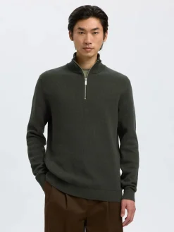 Selected Miesten Neulepusero, DANE LS KNIT STRUCTURE HALF ZIP Deep Forest