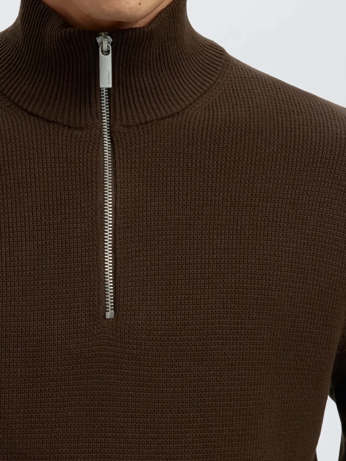 Selected miesten neulepusero SLHDANE LS KNIT STRUCTURE HALF ZIP NOOS, Demitasse