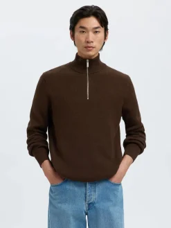 Selected miesten neulepusero SLHDANE LS KNIT STRUCTURE HALF ZIP NOOS, Demitasse