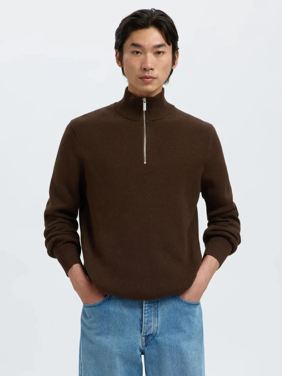 Selected miesten neulepusero SLHDANE LS KNIT STRUCTURE HALF ZIP NOOS, Demitasse