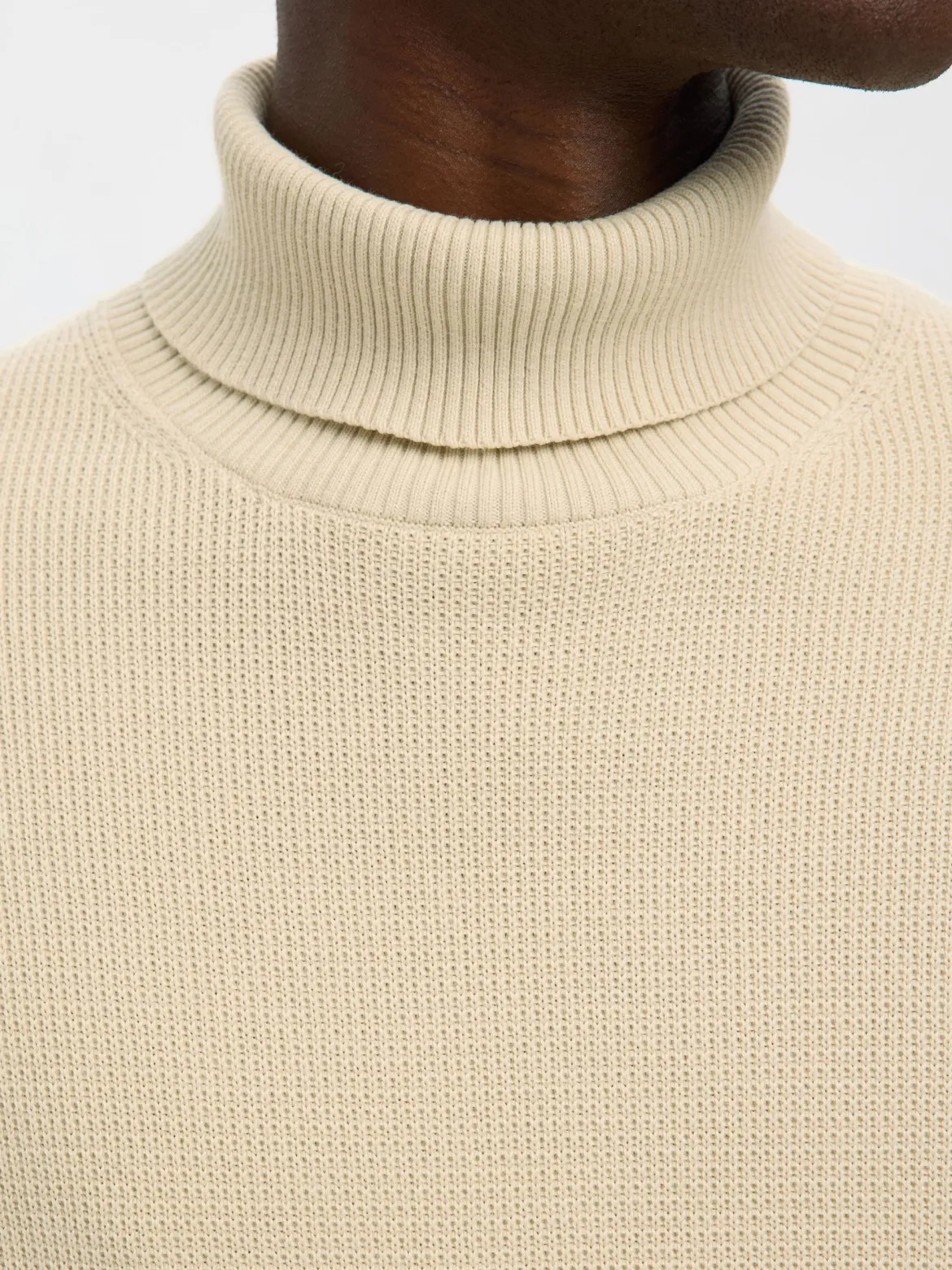Selected miesten neulepusero K DANE LS KNIT STRUCTURE ROLLNECK NOS, oatmeal