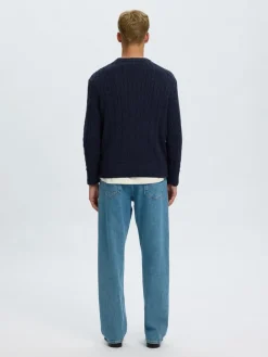 Selected miesten neulepusero Braun Knit Cable Crew, Navy Blazer