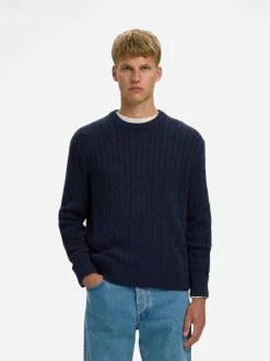 Selected miesten neulepusero Braun Knit Cable Crew, Navy Blazer