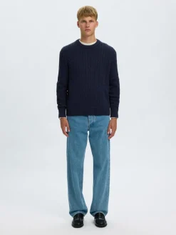 Selected miesten neulepusero Braun Knit Cable Crew, Navy Blazer