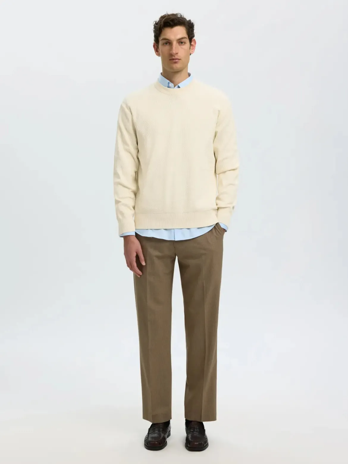 Selected miesten neulepusero Torn Structure Crew Neck, Silver Birch