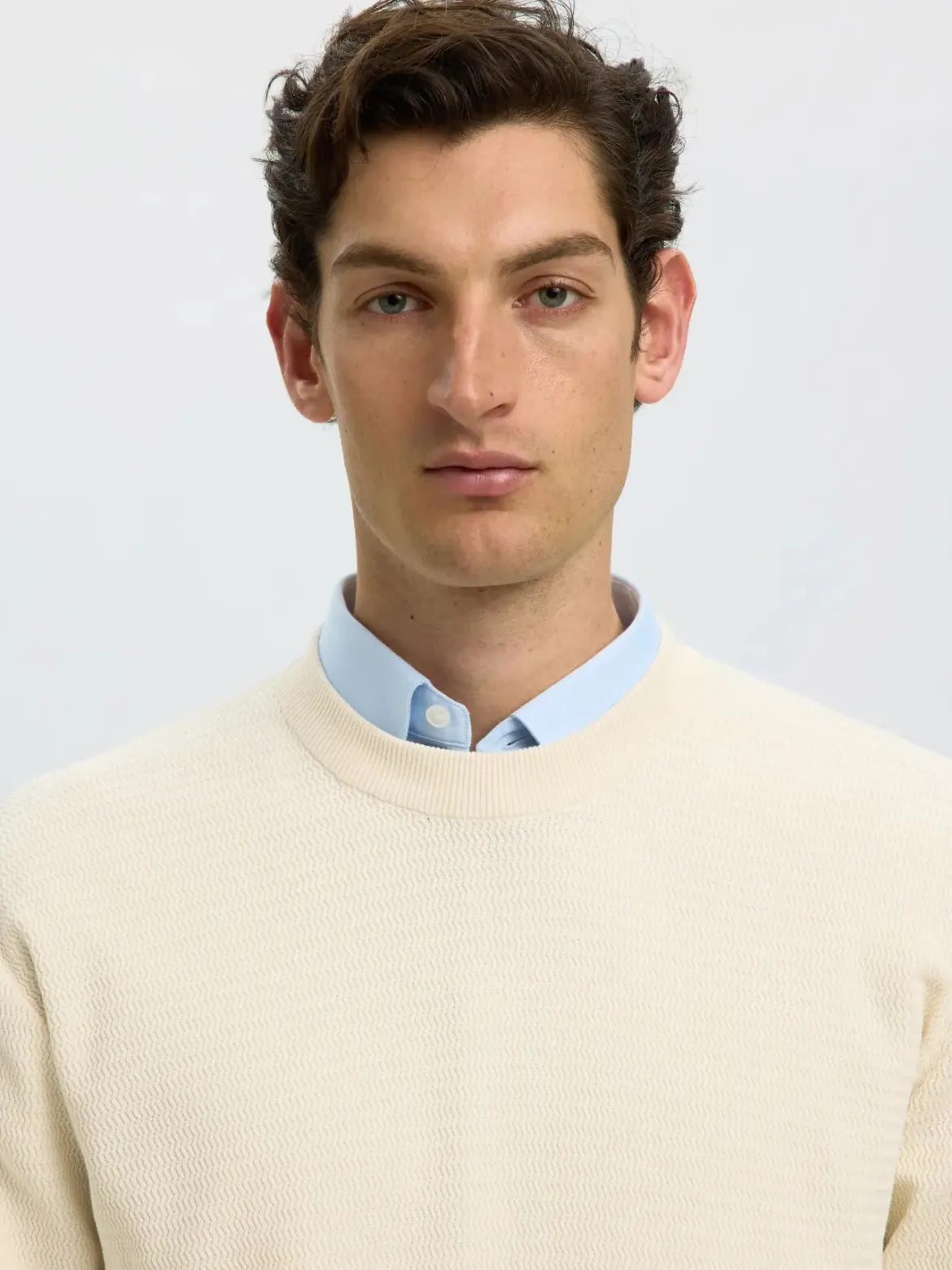 Selected miesten neulepusero Torn Structure Crew Neck, Silver Birch