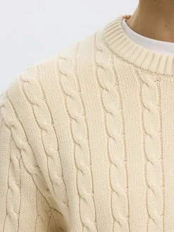 Selected miesten neulepusero Braun Knit Cable Crew, Birch