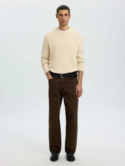 Selected miesten neulepusero Braun Knit Cable Crew, Birch