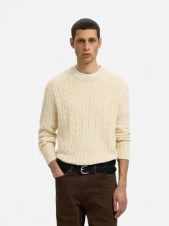 Selected miesten neulepusero Braun Knit Cable Crew, Birch