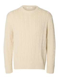 Selected miesten neulepusero Braun Knit Cable Crew, Birch
