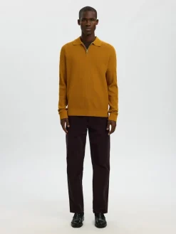 Selected miesten neulepusero SLHCRAN LS Knit Structure Half Zip Polo, Golden Brown
