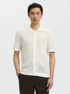 Selected miesten paita Open Struc Polo Cardigan, Egret