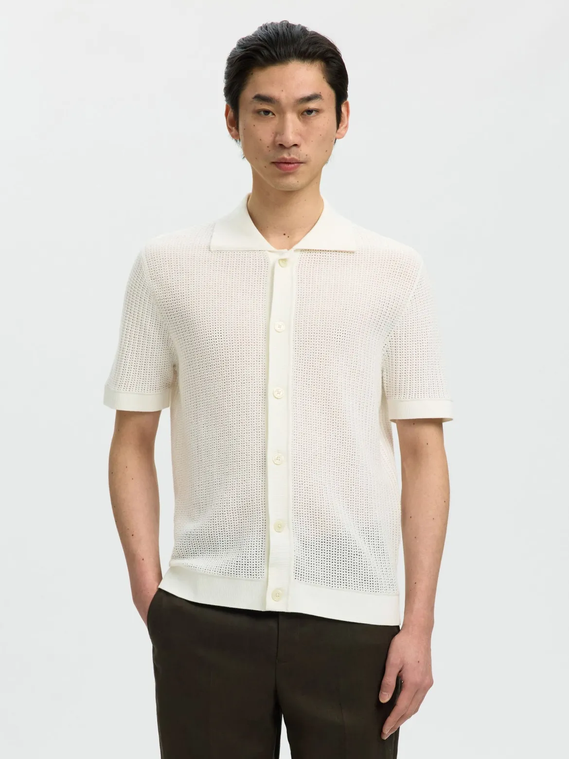 Selected miesten paita Open Struc Polo Cardigan, Egret