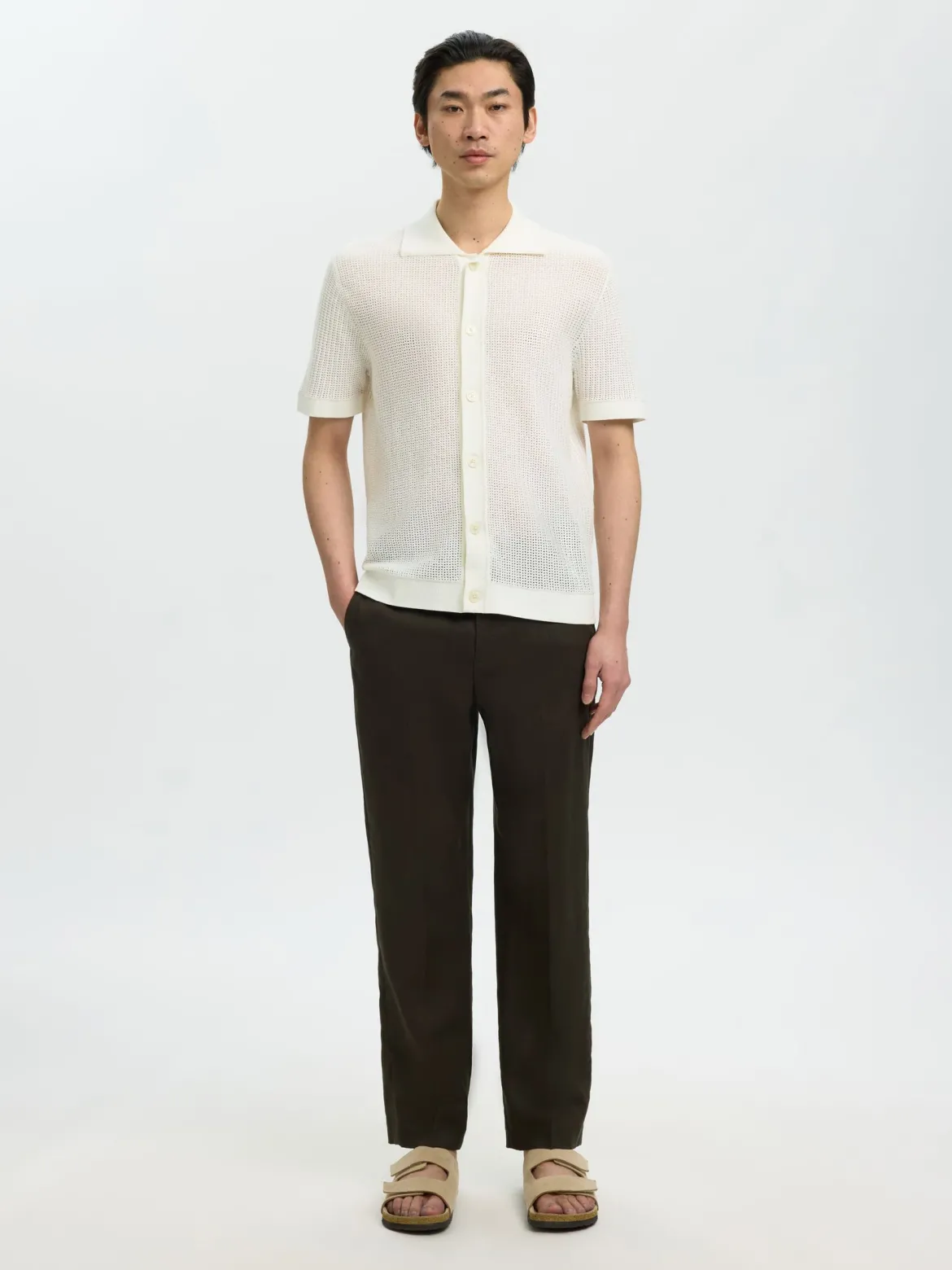 Selected miesten paita Open Struc Polo Cardigan, Egret