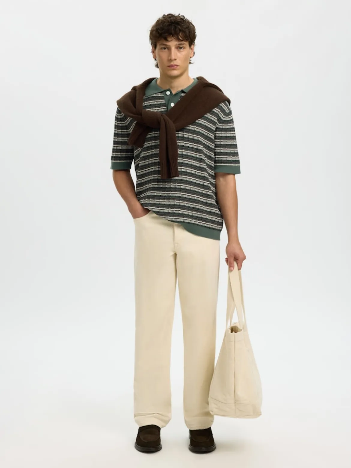 Selected miesten pikeepaita SLHDane SS Knit Color Structure Polo, Balsam Green Stripes