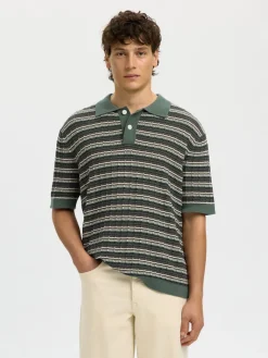 Selected miesten pikeepaita SLHDane SS Knit Color Structure Polo, Balsam Green Stripes