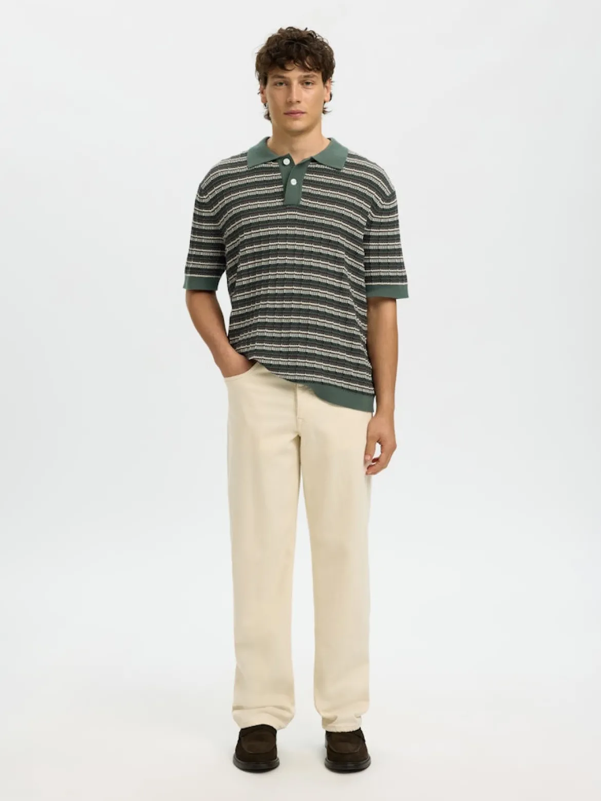 Selected miesten pikeepaita SLHDane SS Knit Color Structure Polo, Balsam Green Stripes