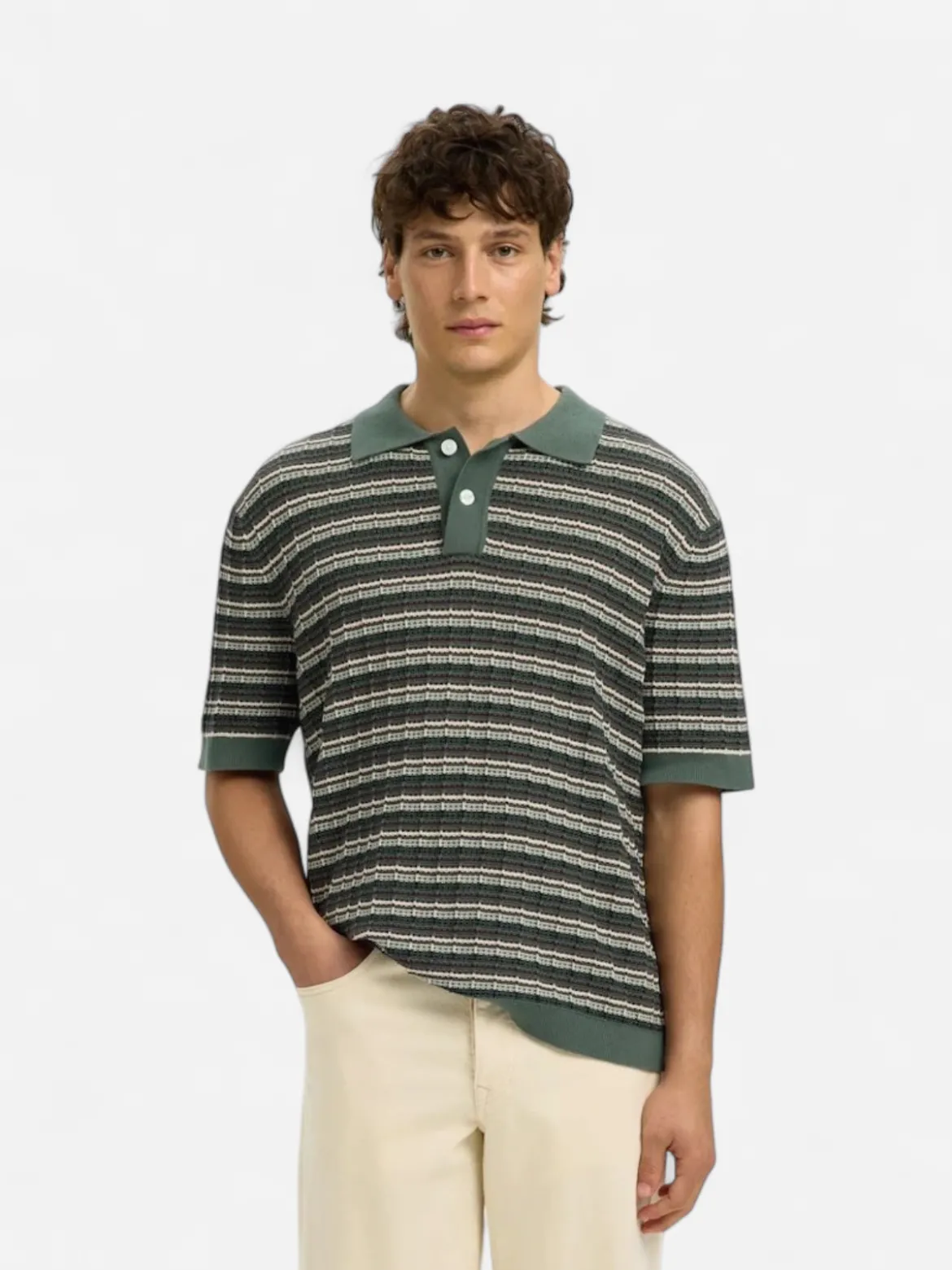 Selected miesten pikeepaita SLHDane SS Knit Color Structure Polo, Balsam Green Stripes