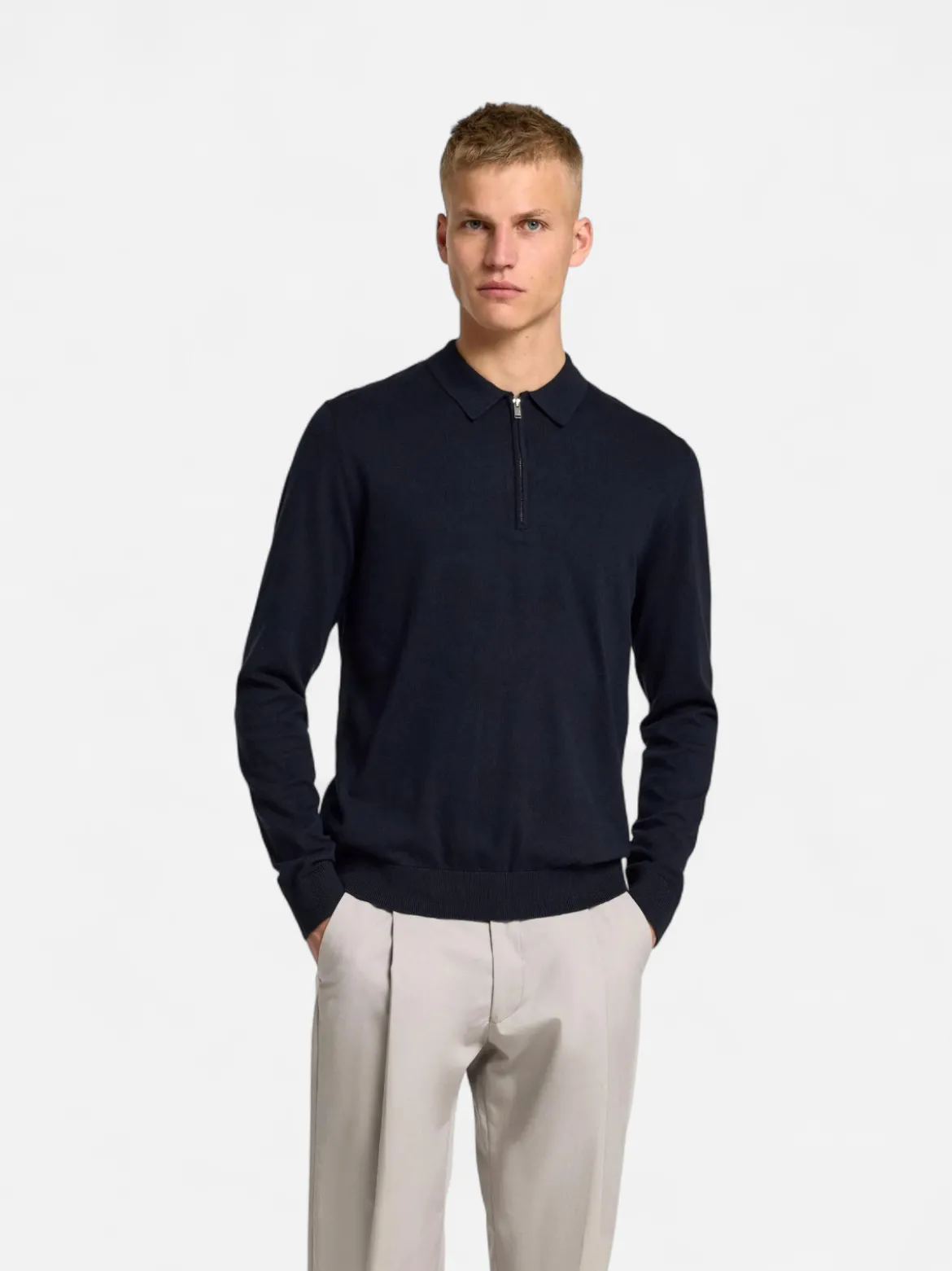 Selected miesten pitkähihainen pikeepaita, SLHBERG LS HALF ZIP POLO Tummansininen