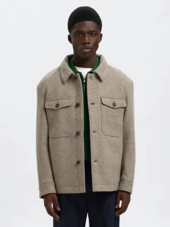 Selected miesten takki, SLHMITCH WOOL BLEND SHACKET Deep Taupe