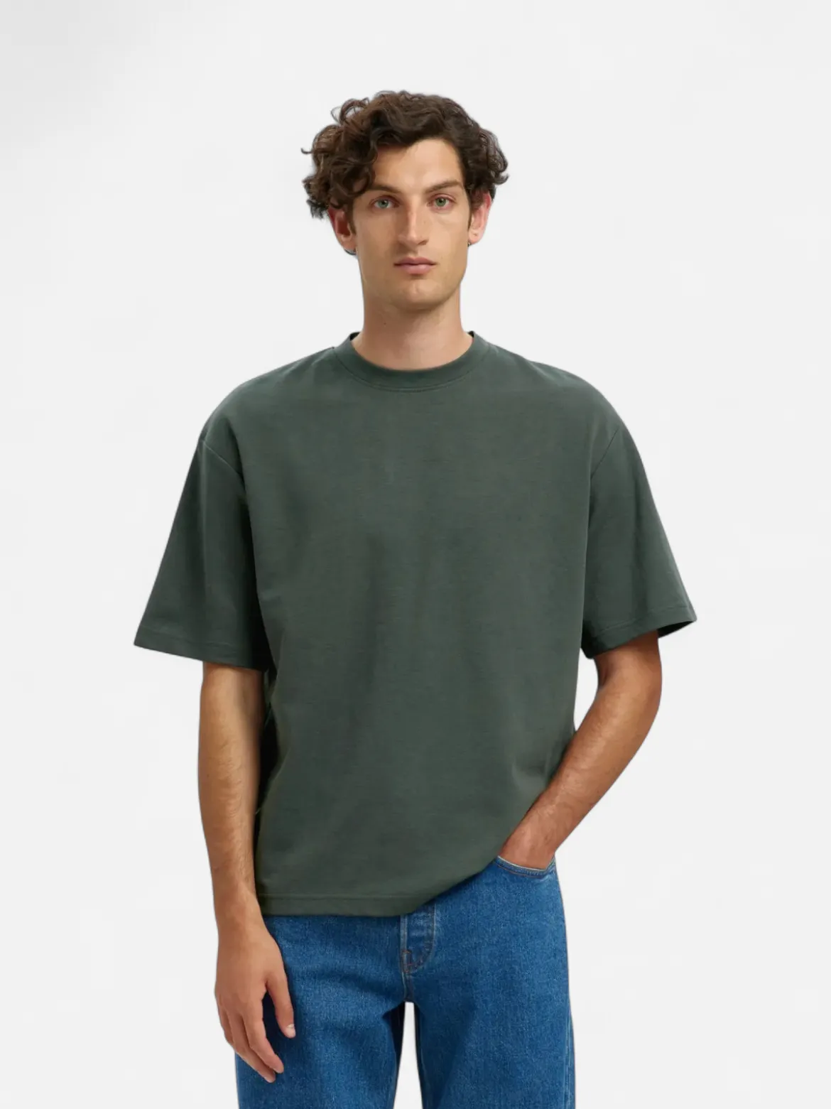 Selected miesten t-paita, LOOSE OSCAR SS O-NECK Deep Forest