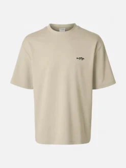 Selected miesten T-paita Loose Oscar Print, Oatmeal
