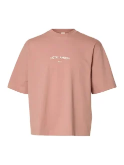 Selected miesten t-paita SLHBoxyliam SS O-Neck Tee Hotel Amour, Rose Dawn