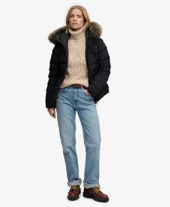 Superdry naisten toppatakki Fuji Faux Fur Hood Padded Jacket, musta
