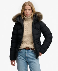 Superdry naisten toppatakki Fuji Faux Fur Hood Padded Jacket, musta