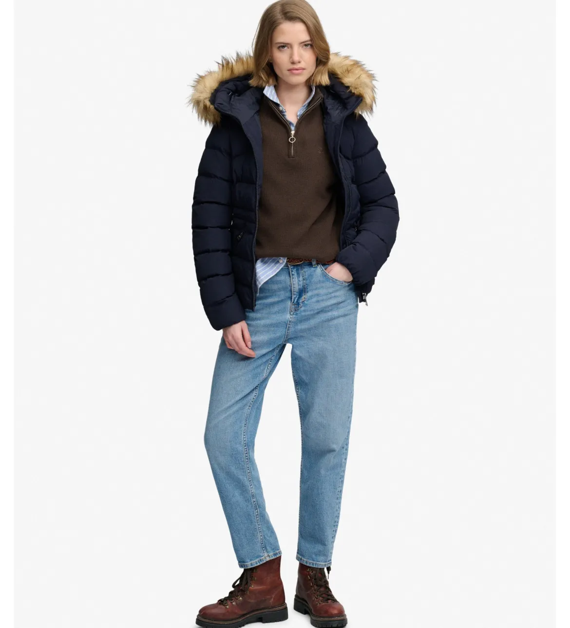 Superdry naisten toppatakki Fuji Faux Fur Hood Padded Jacket, tummansininen