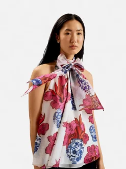 Ted Baker Naisten Toppi, AKAKI Organza printed Tie Neck Top Valkopohjainen Kuosi