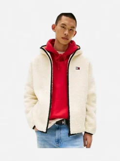 Tommy Jeans miesten fleecetakki Badge Teddy Zip-Thru Hoody, kerma