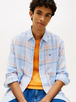 Tommy Jeans miesten kauluspaita Relaxed Fit Check Linen Blend Shirt, sininen kuosi