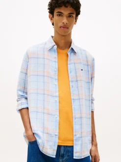 Tommy Jeans miesten kauluspaita Relaxed Fit Check Linen Blend Shirt, sininen kuosi