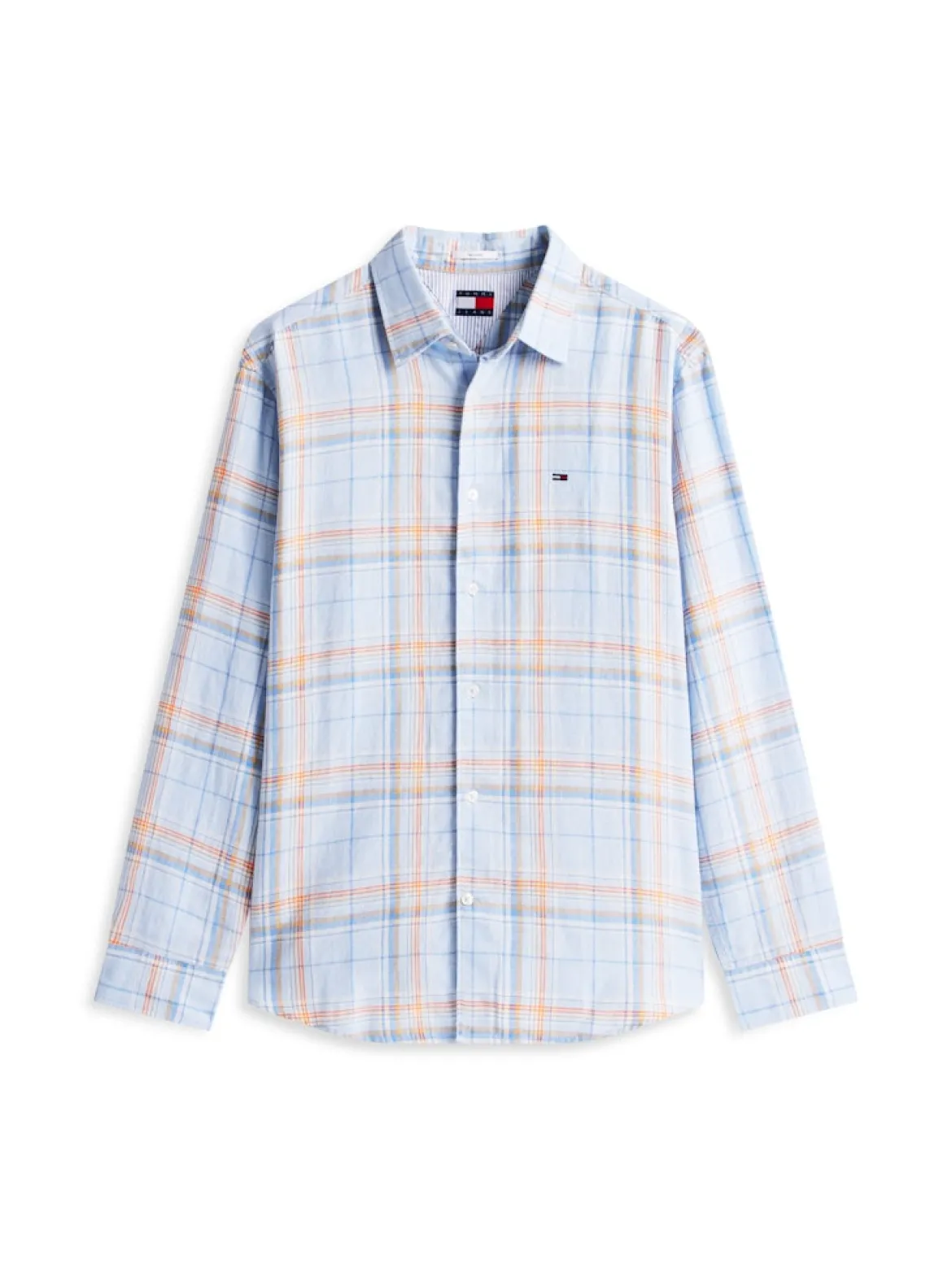Tommy Jeans miesten kauluspaita Relaxed Fit Check Linen Blend Shirt, sininen kuosi