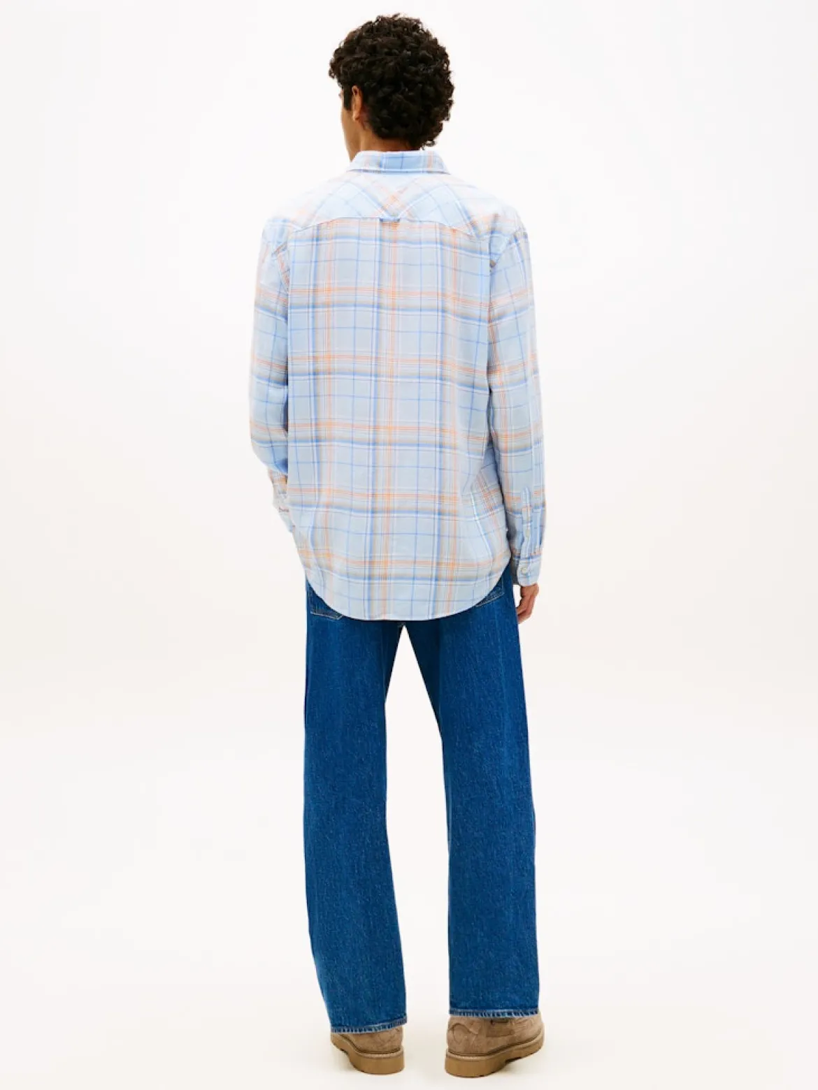 Tommy Jeans miesten kauluspaita Relaxed Fit Check Linen Blend Shirt, sininen kuosi