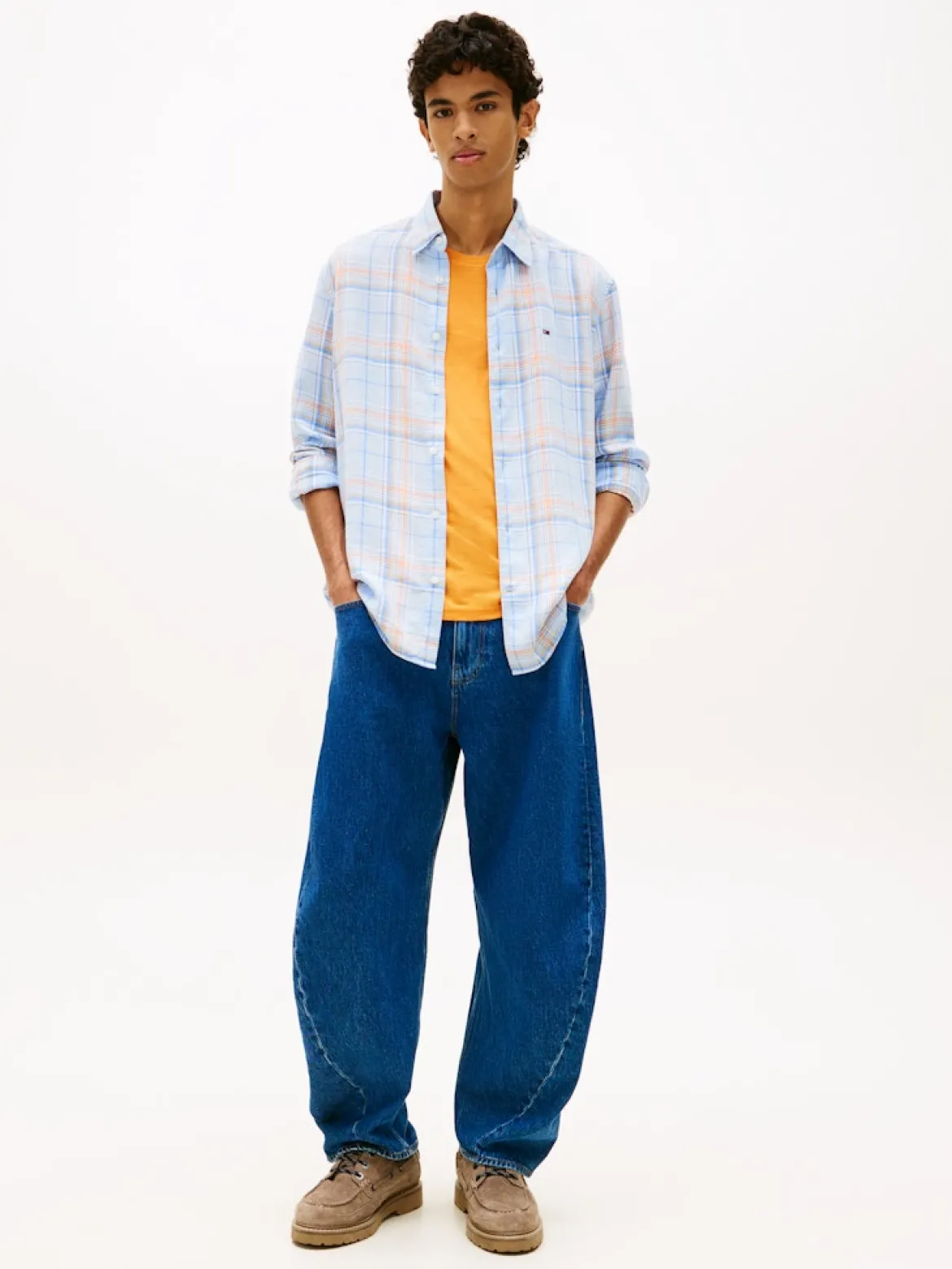 Tommy Jeans miesten kauluspaita Relaxed Fit Check Linen Blend Shirt, sininen kuosi